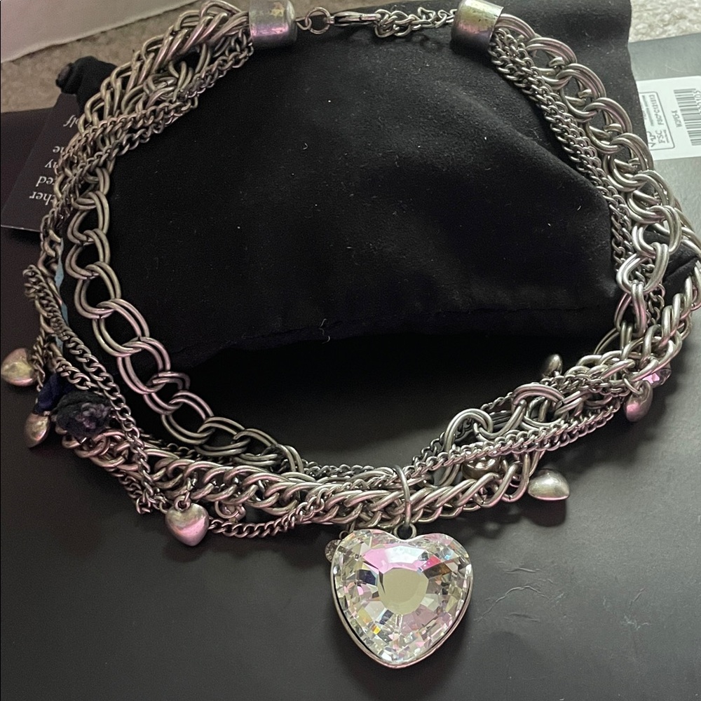 Large  vintage Silver multi strand  Heart Pendant  necklace